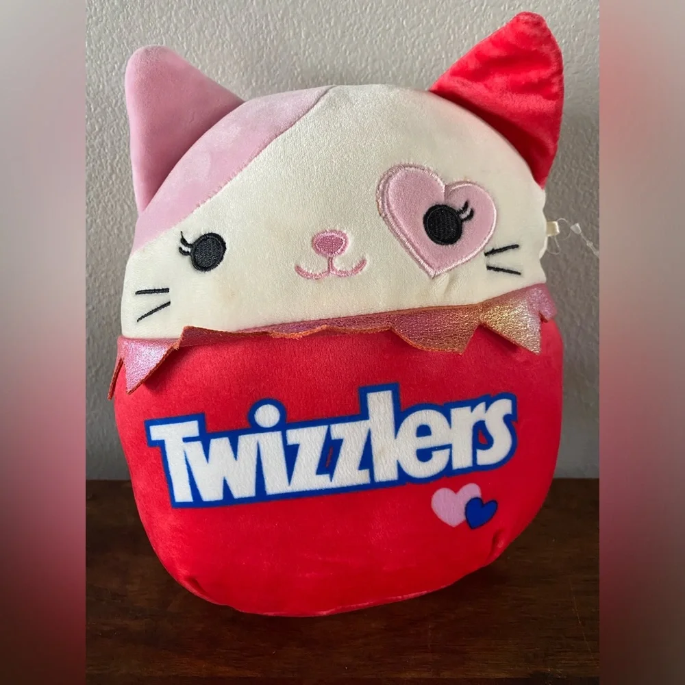 Twizzlers Plush Cat Pillow - Red & Pink Candy Logo Squishmallows 8”